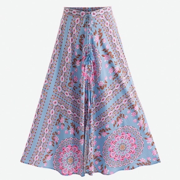 Boho Pandora Floral Mandala Maxi Slit Skirt Blue - Picture 5 of 6